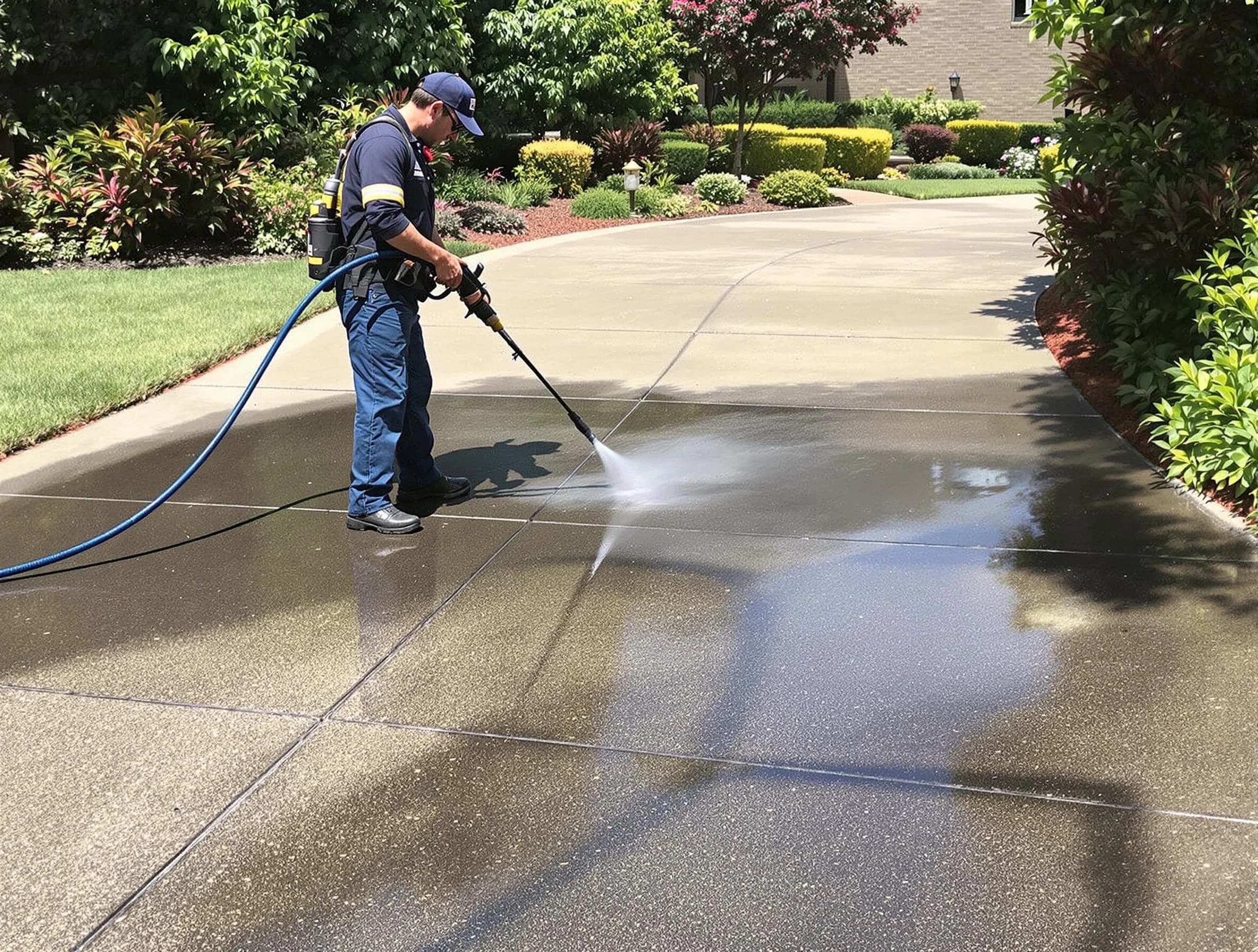 Experienced Akron Power Washing team member pressure washing a driveway in Akron
